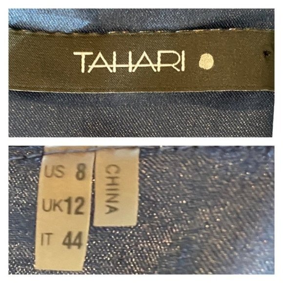 Tahari Sleeveless V-Neck Draped Ruffle Trim Blue Floral Chiffon Dress Size 8 - Picture 5 of 6